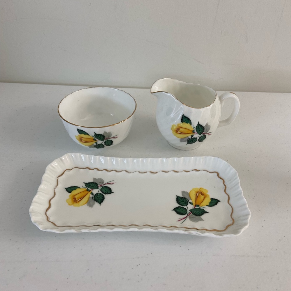 Vintage floral gold rim cream sugar and tray set “royal adderley” bone china